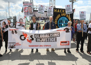 More than 50 people joined a demonstration outside the G4S shareholders meeting at which the company announced plans to end its role in Israel's prison system, but only by 2017