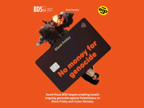 Image of credit card on orange background with text saying Black Friday No Money For Genocide 