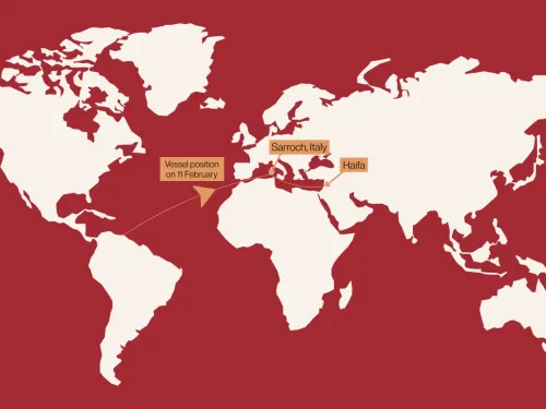 Map of route of shipment of oil from Venezuela to Israel
