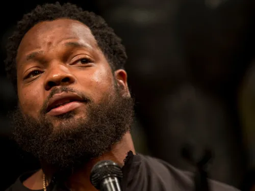 Michael Bennet, Seattle Seahawks Defensive Lineman, speaks at a panel at Busboys and Poets in Washington, D.C. on April 10, 2017.