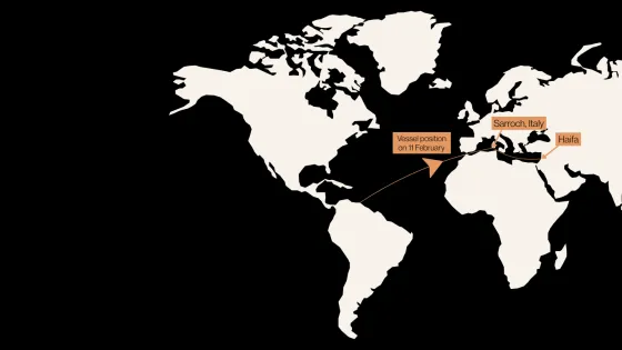 Map of route of shipment of oil from Venezuela to Israel